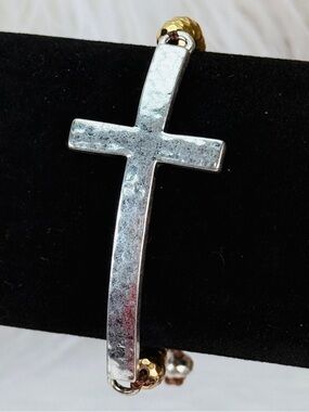 Goldtone Beaded Hammered Silvertone Religious Cross adjustable cord Bracelet